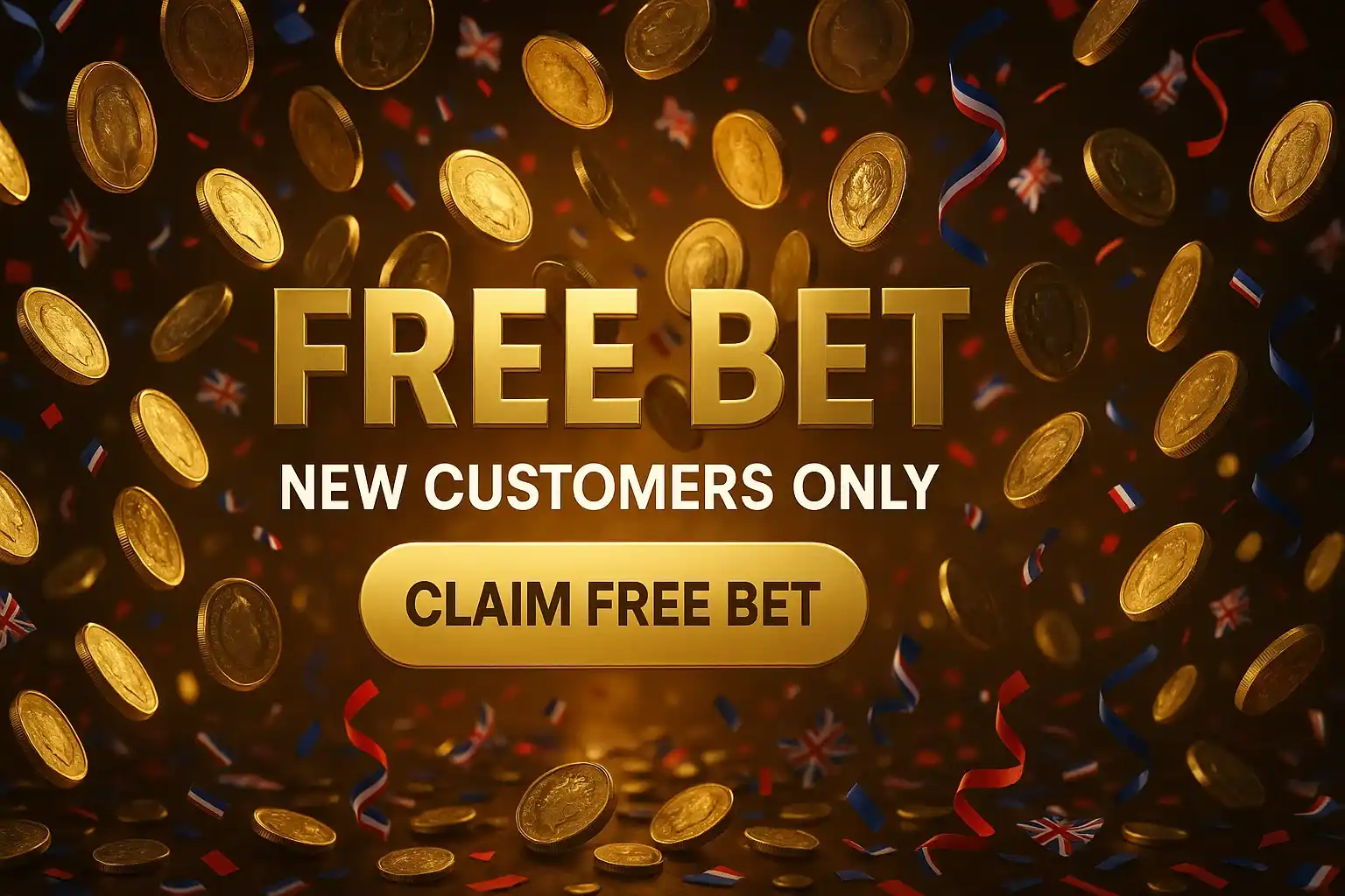 Photorealistic free bet banner with gold coins and Union Jack confetti