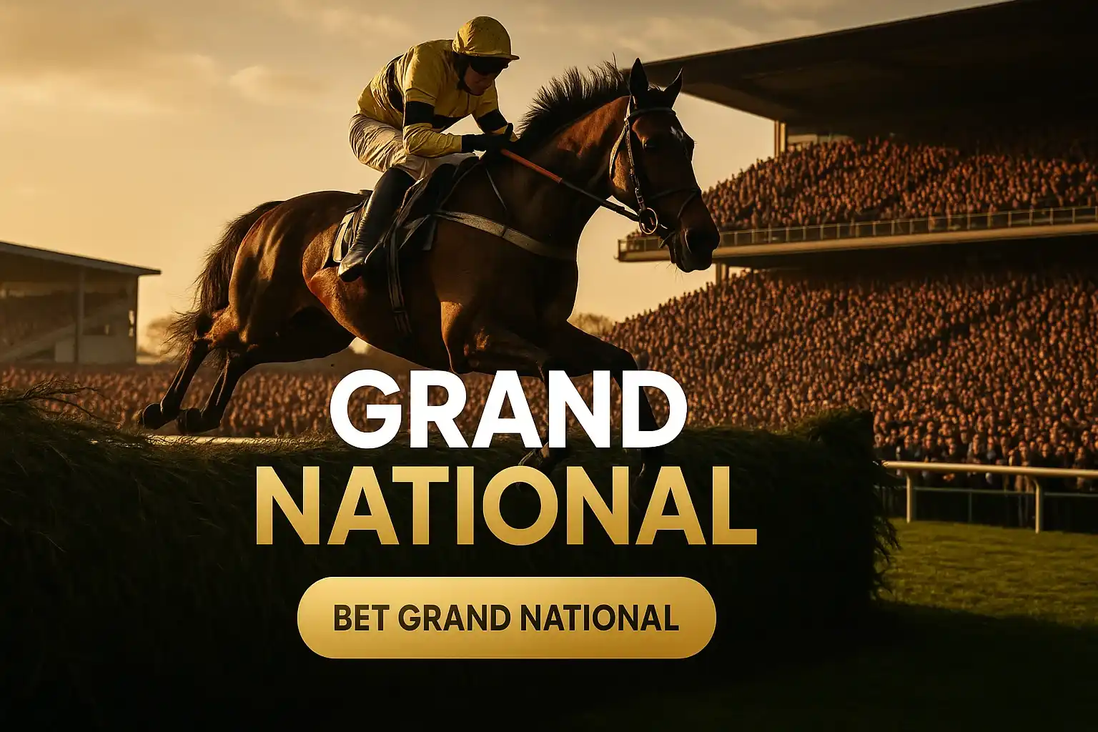 Photorealistic Aintree Grand National final fence jump with crowd and text overlay