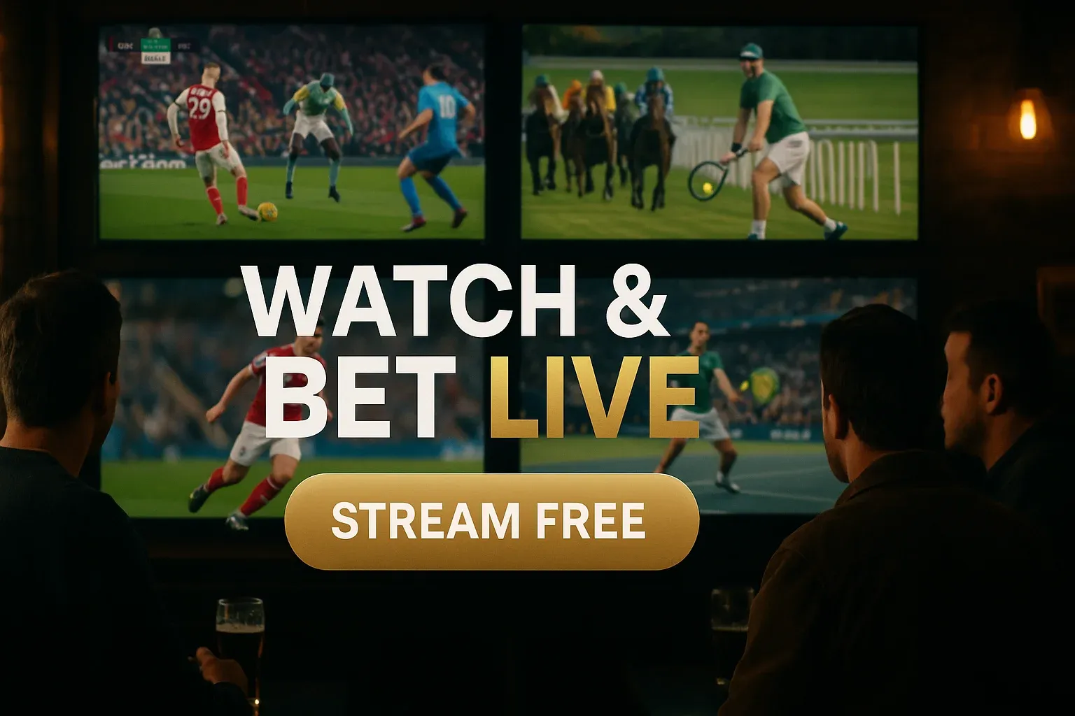 Wide UK sports bar screens showing live matches with betting CTA