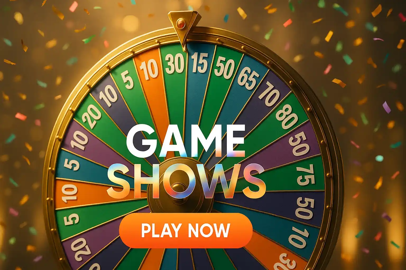 Photorealistic live casino banner with spinning game-show wheel and play now button