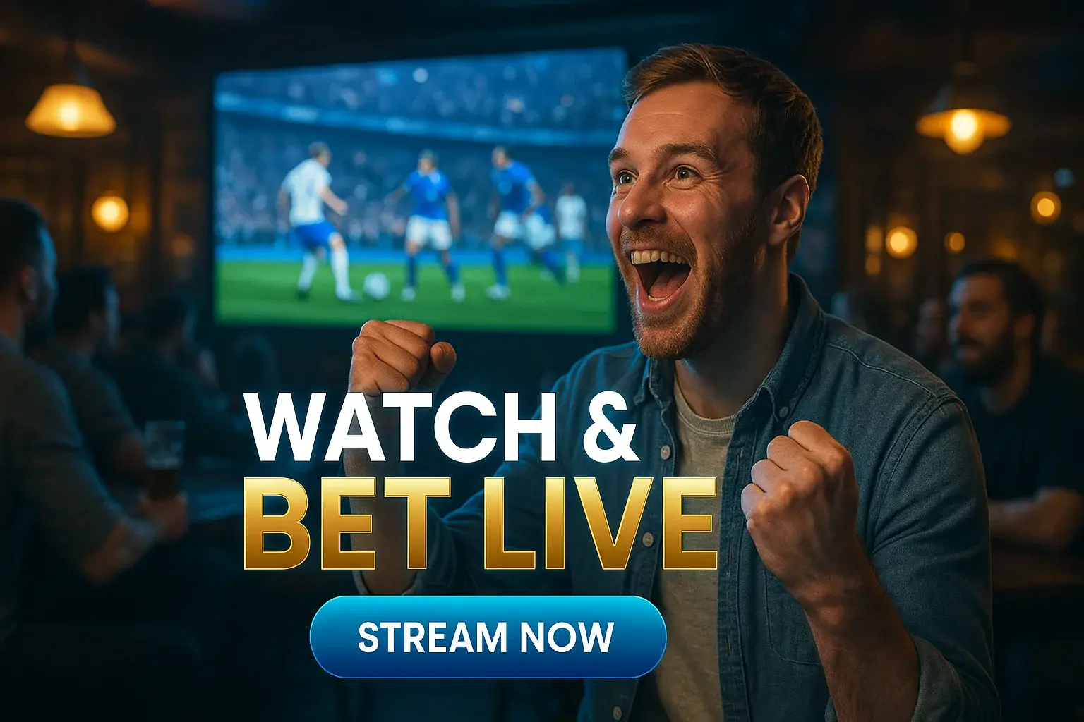 Wide sports betting banner with British football fan celebrating in pub